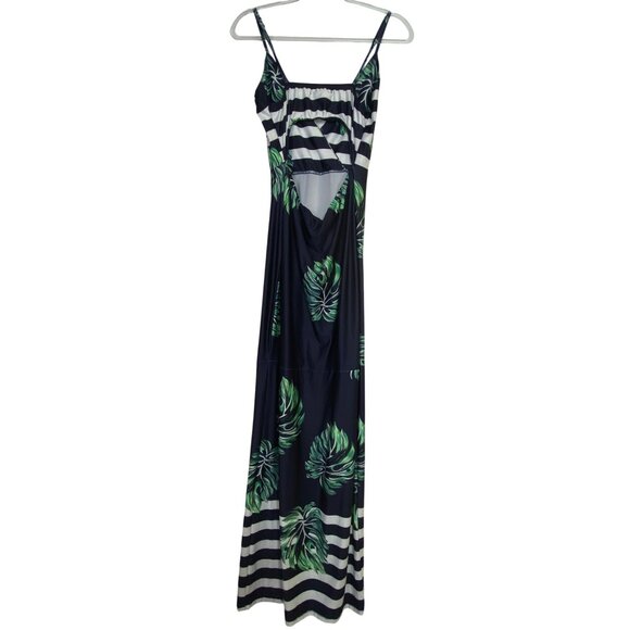 Tropical Palm Leaf Print Maxi Dress Navy White Striped Sexy Bodycon Cute XL - Picture 2 of 5